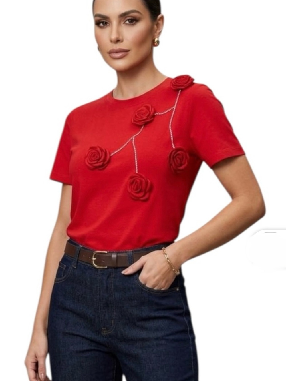 Women’s Red Short-Sleeve Tee with 3D Rose Appliqués size M